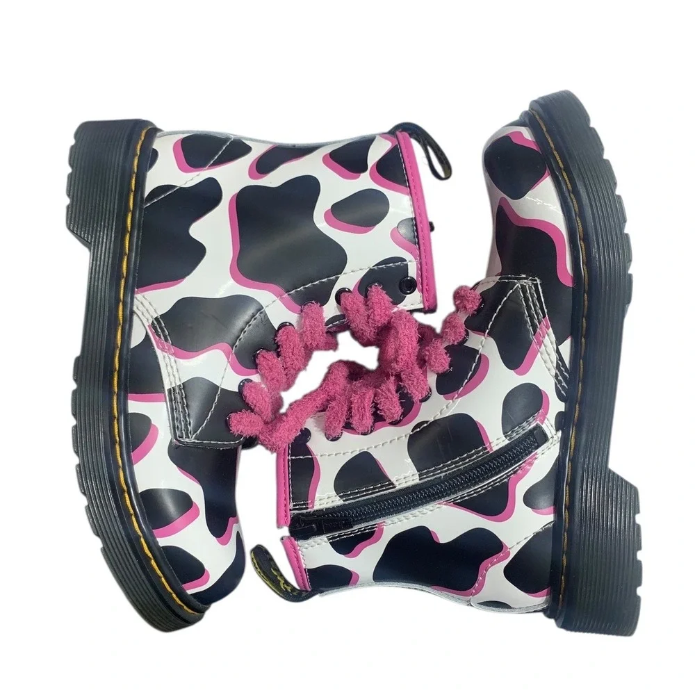 Kids Dr Martens Boots Cow Print Pink Laces Side‎ Zip Youth Size 1
